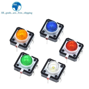 PAQUETE DE 5 PIEZAS DE INTERRUPTOR DE BOTÓN TÁCTIL, TACTO MOMENTÁNEO CON LUCES LED (ROJO, AMARILLO, AZUL, VERDE Y BLANCO)